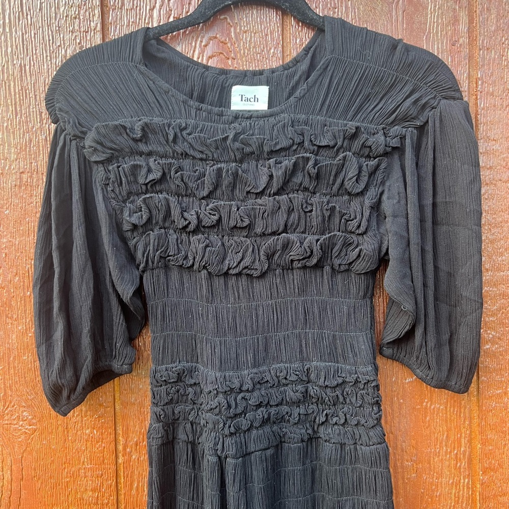 🖤 Tach Black Smocked Ruffle Midi Dress XS Cottagecore Romantic Boho Cotton Blend - Picture 3 of 5